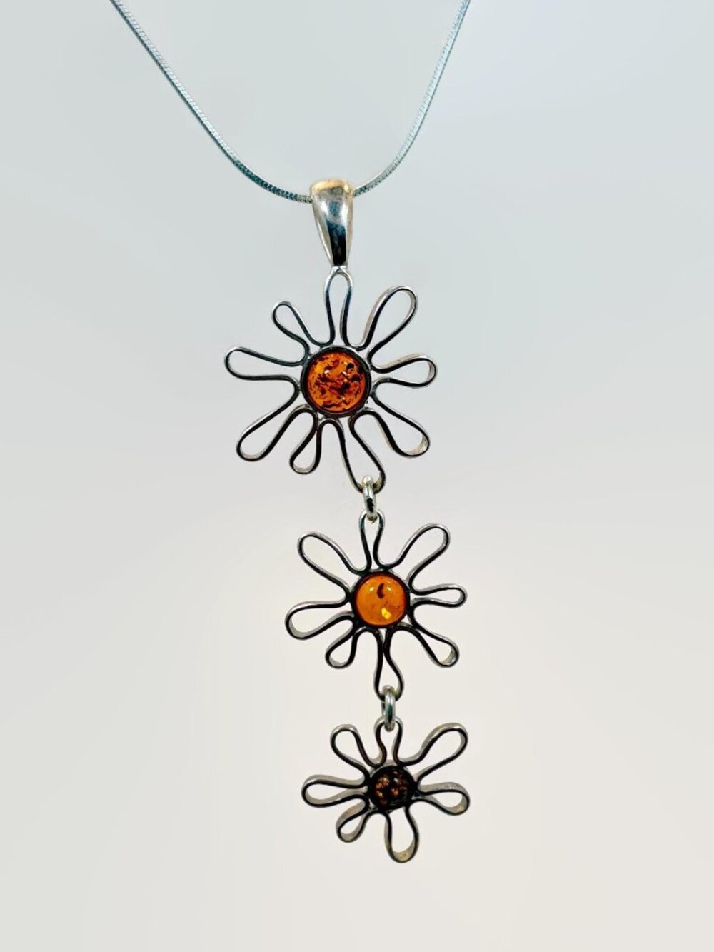 Amber Pendant, Flowers, Sterling Silver, Chain, Necklace, Honey Amber, Vintage